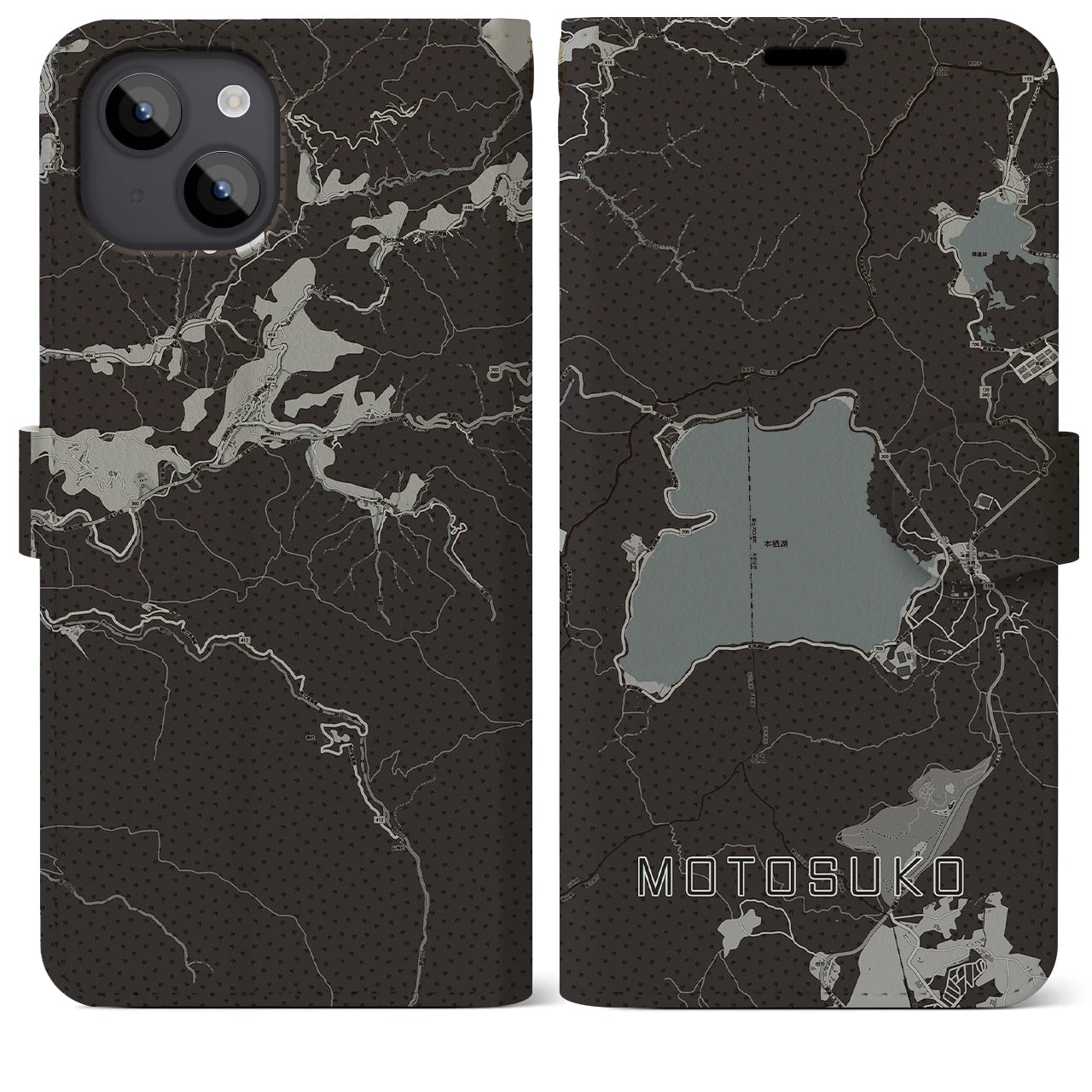 【本栖湖(山梨県)】地図柄iPhoneケース(手帳タイプ)モノトーン・iPhone 14 Plus 用