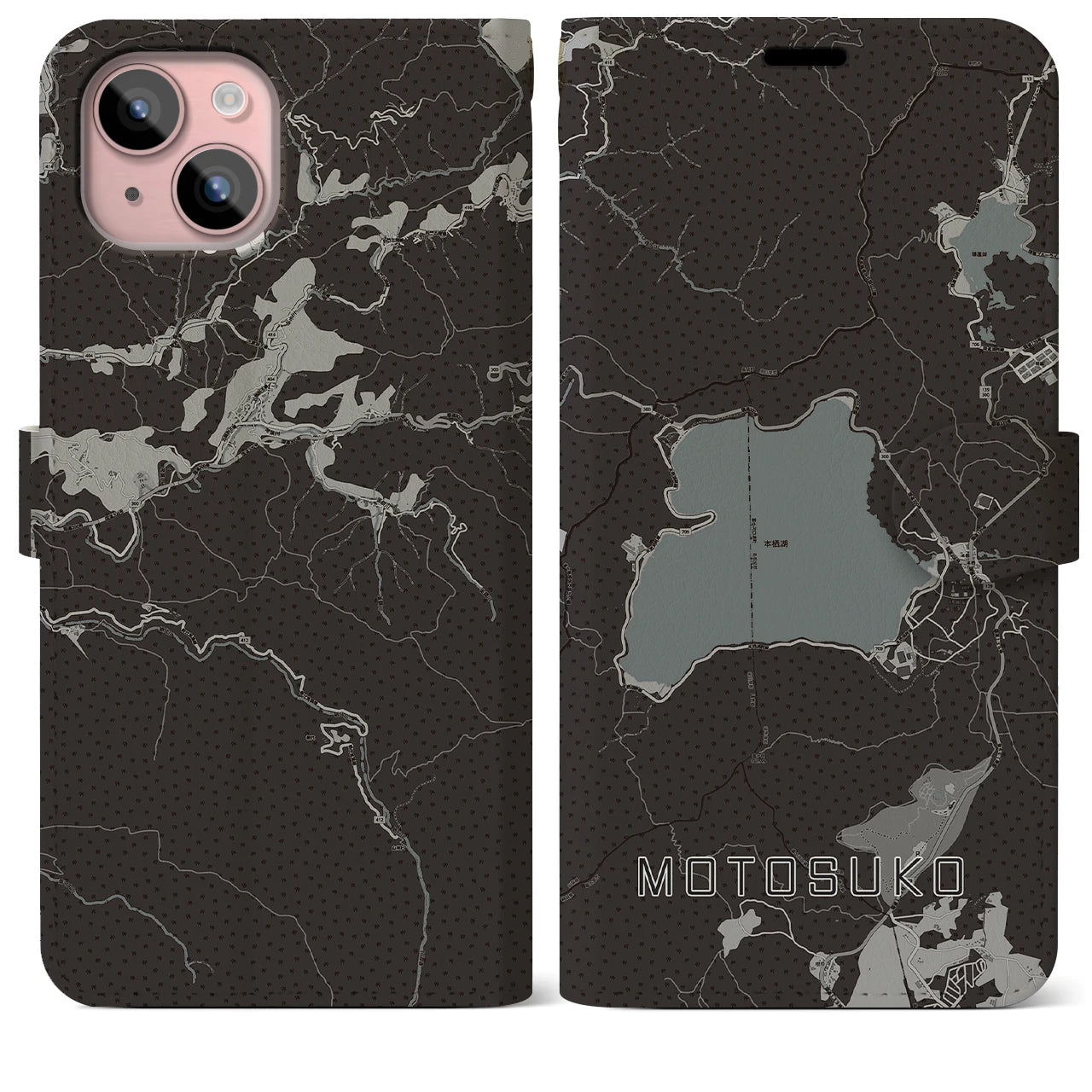 【本栖湖(山梨県)】地図柄iPhoneケース(手帳タイプ)モノトーン・iPhone 15 Plus 用