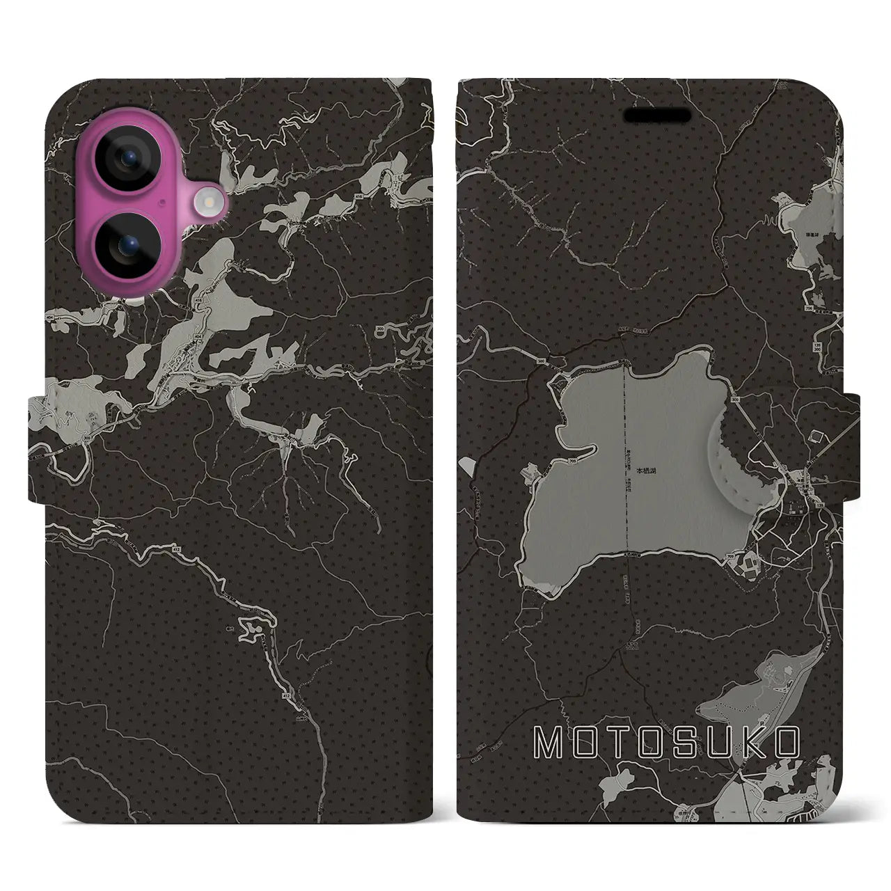 【本栖湖(山梨県)】地図柄iPhoneケース(手帳タイプ)モノトーン・iPhone 16 Pro 用