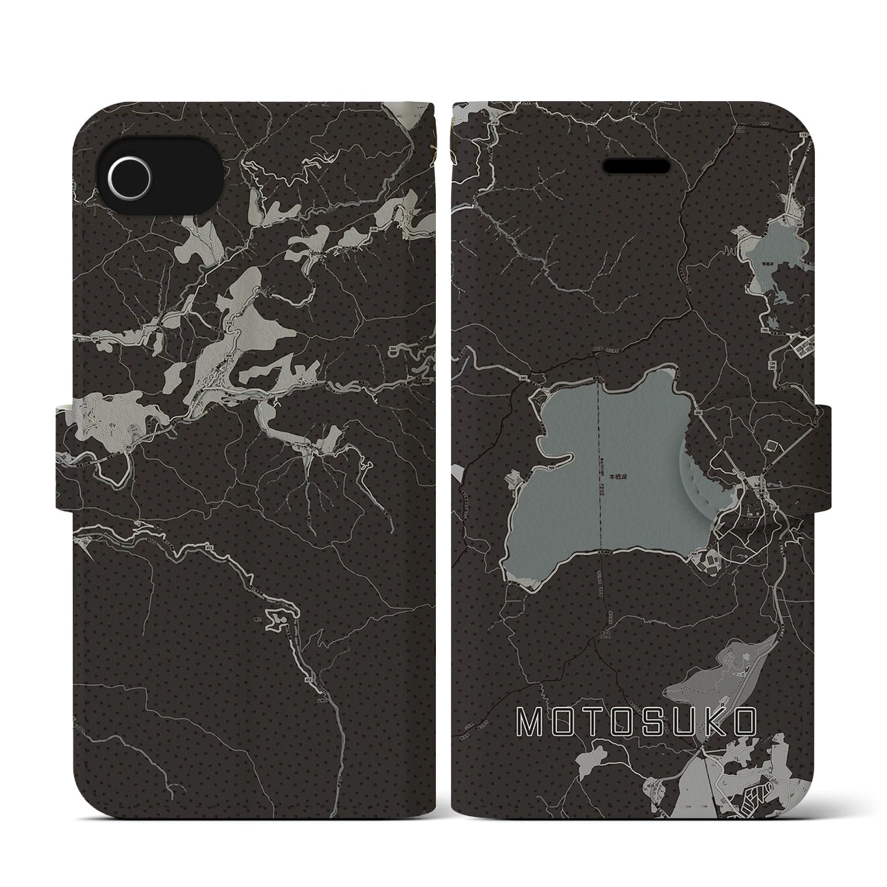 【本栖湖(山梨県)】地図柄iPhoneケース(手帳タイプ)モノトーン・iPhone SE(第3 / 第2世代) / 8 / 7 / 6s / 6 用
