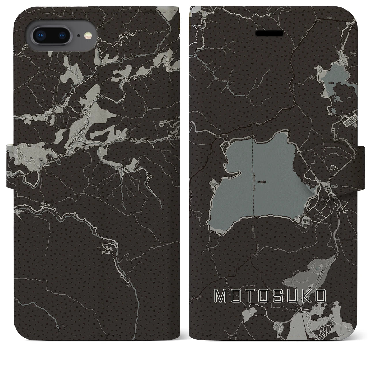 【本栖湖(山梨県)】地図柄iPhoneケース(手帳タイプ)モノトーン・iPhone 8Plus /7Plus / 6sPlus / 6Plus 用