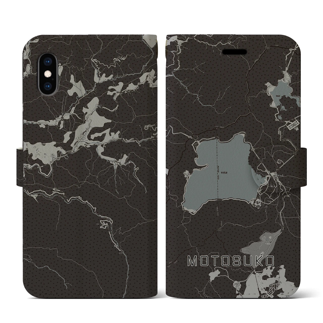 【本栖湖(山梨県)】地図柄iPhoneケース(手帳タイプ)モノトーン・iPhone XS / X 用