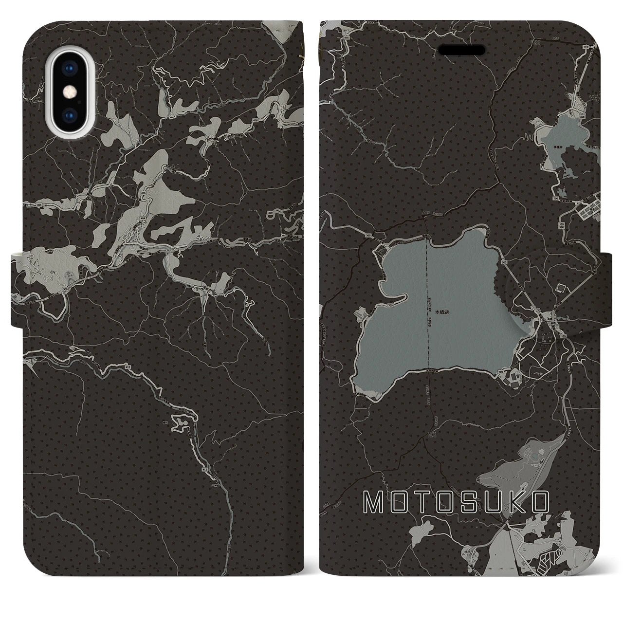 【本栖湖(山梨県)】地図柄iPhoneケース(手帳タイプ)モノトーン・iPhone XS Max 用