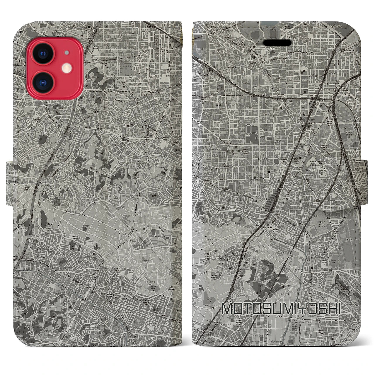【元住吉(神奈川県)】地図柄iPhoneケース(手帳タイプ)モノトーン・iPhone 11 用
