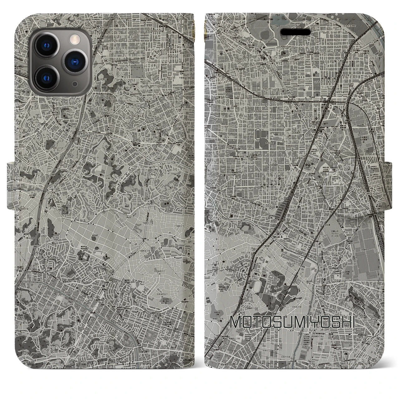 【元住吉(神奈川県)】地図柄iPhoneケース(手帳タイプ)モノトーン・iPhone 11 Pro Max 用