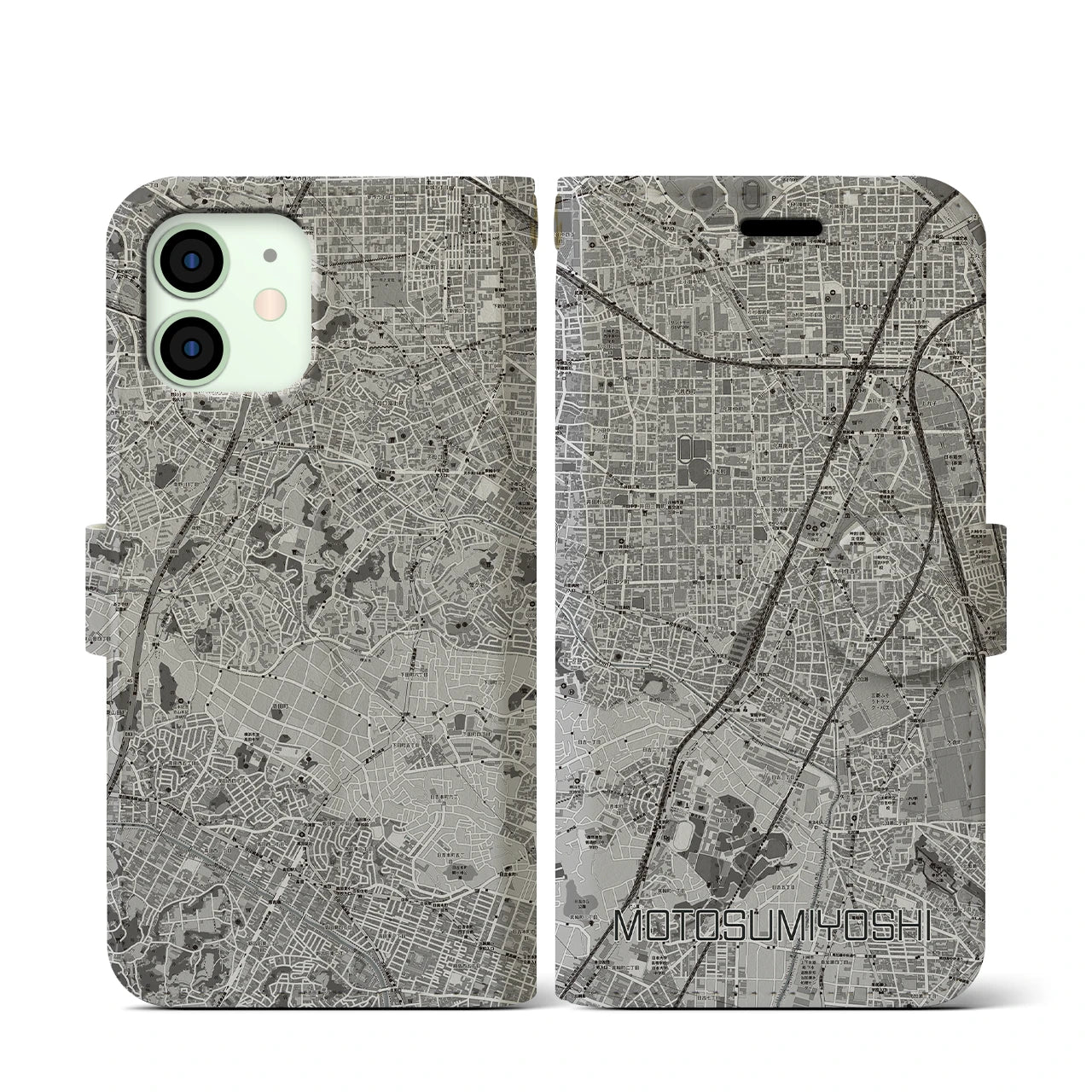 【元住吉(神奈川県)】地図柄iPhoneケース(手帳タイプ)モノトーン・iPhone 12 mini 用