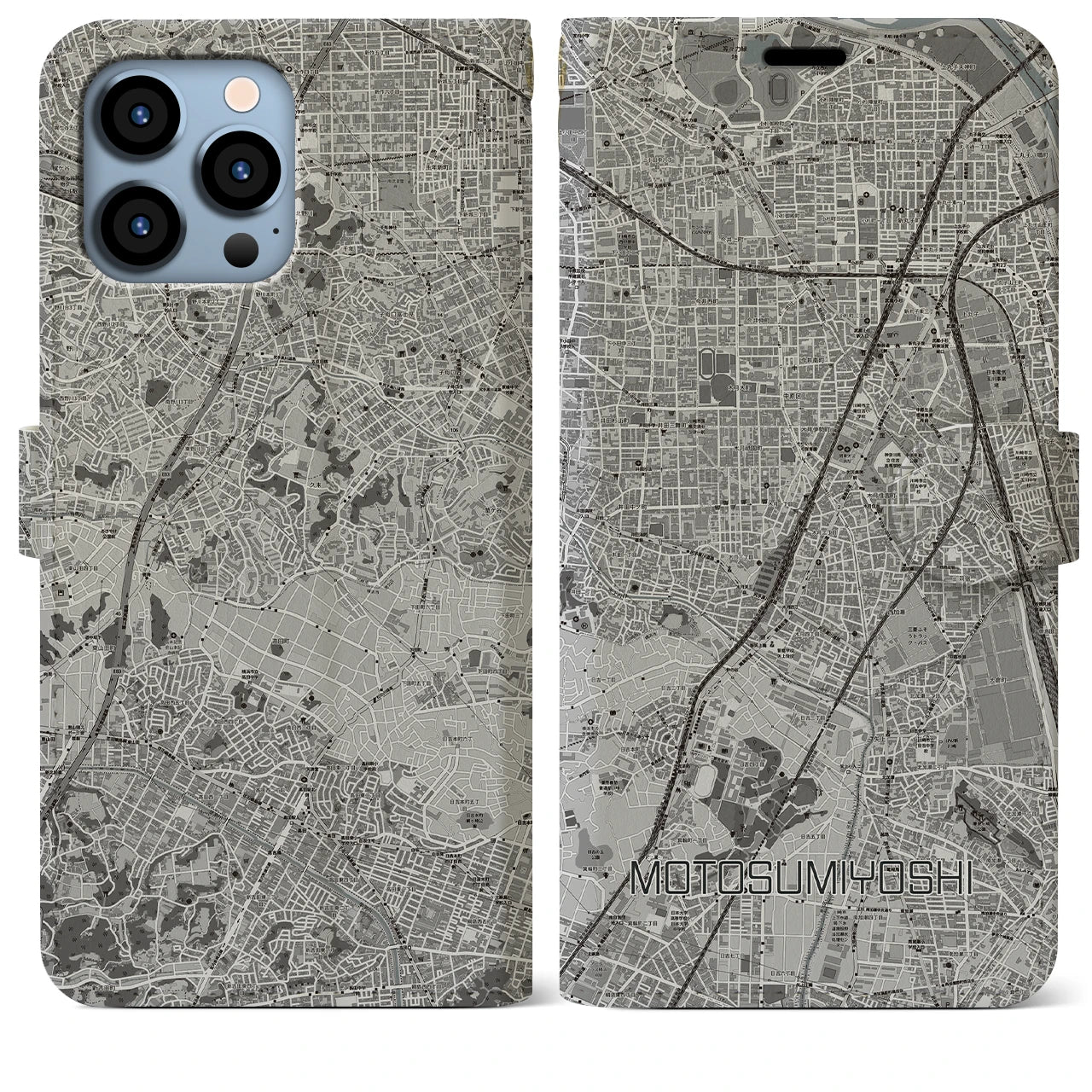 【元住吉(神奈川県)】地図柄iPhoneケース(手帳タイプ)モノトーン・iPhone 13 Pro Max 用