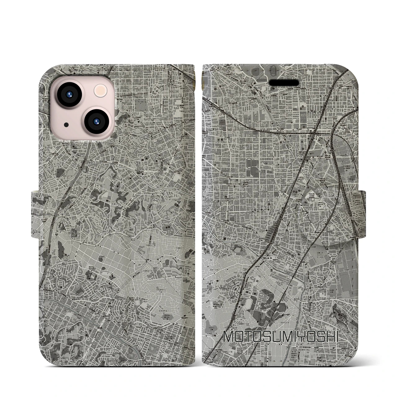 【元住吉(神奈川県)】地図柄iPhoneケース(手帳タイプ)モノトーン・iPhone 13 mini 用