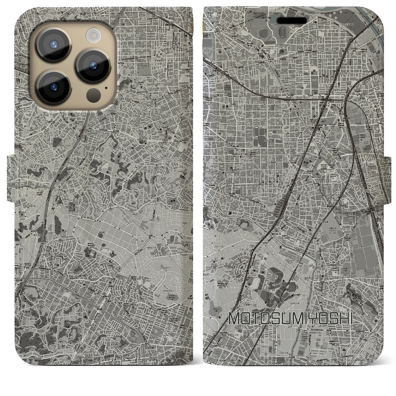 【元住吉(神奈川県)】地図柄iPhoneケース(手帳タイプ)モノトーン・iPhone 14 Pro Max 用