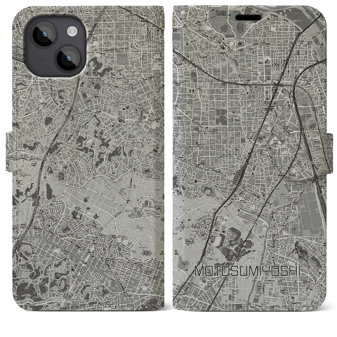 【元住吉(神奈川県)】地図柄iPhoneケース(手帳タイプ)モノトーン・iPhone 14 Plus 用