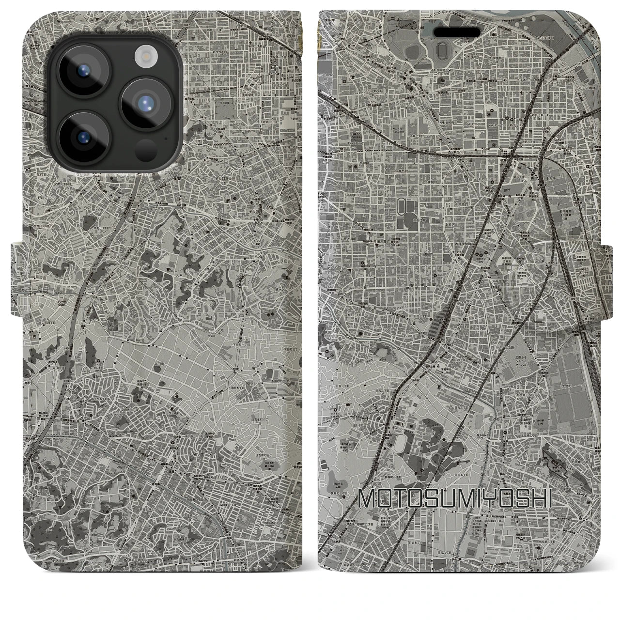 【元住吉(神奈川県)】地図柄iPhoneケース(手帳タイプ)モノトーン・iPhone 15 Pro Max 用