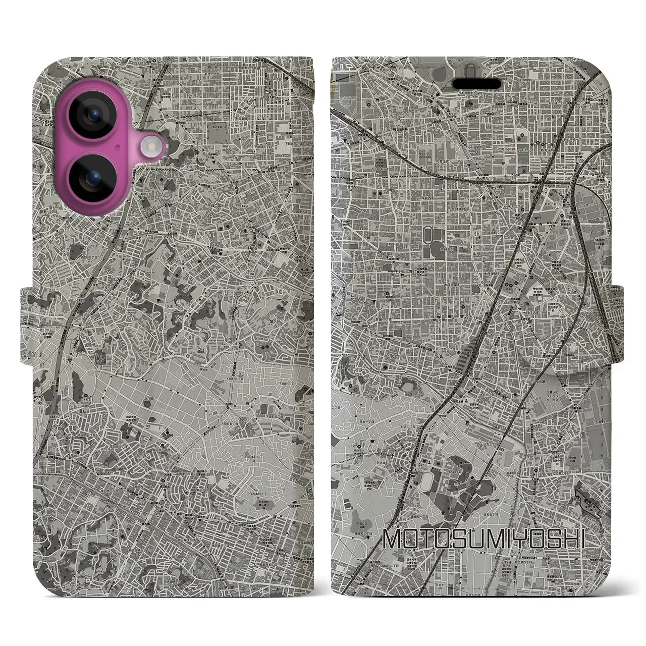 【元住吉(神奈川県)】地図柄iPhoneケース(手帳タイプ)モノトーン・iPhone 16 Pro 用