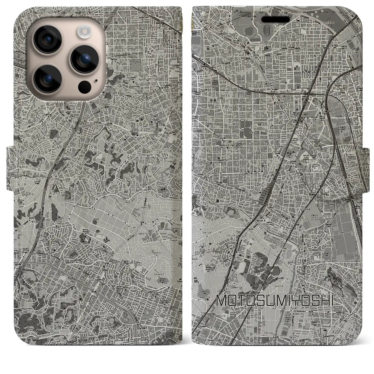 【元住吉(神奈川県)】地図柄iPhoneケース(手帳タイプ)モノトーン・iPhone 16 Plus 用