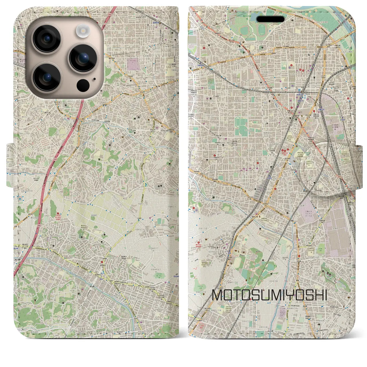 【元住吉(神奈川県)】地図柄iPhoneケース(手帳タイプ)ナチュラル・iPhone 16 Plus 用