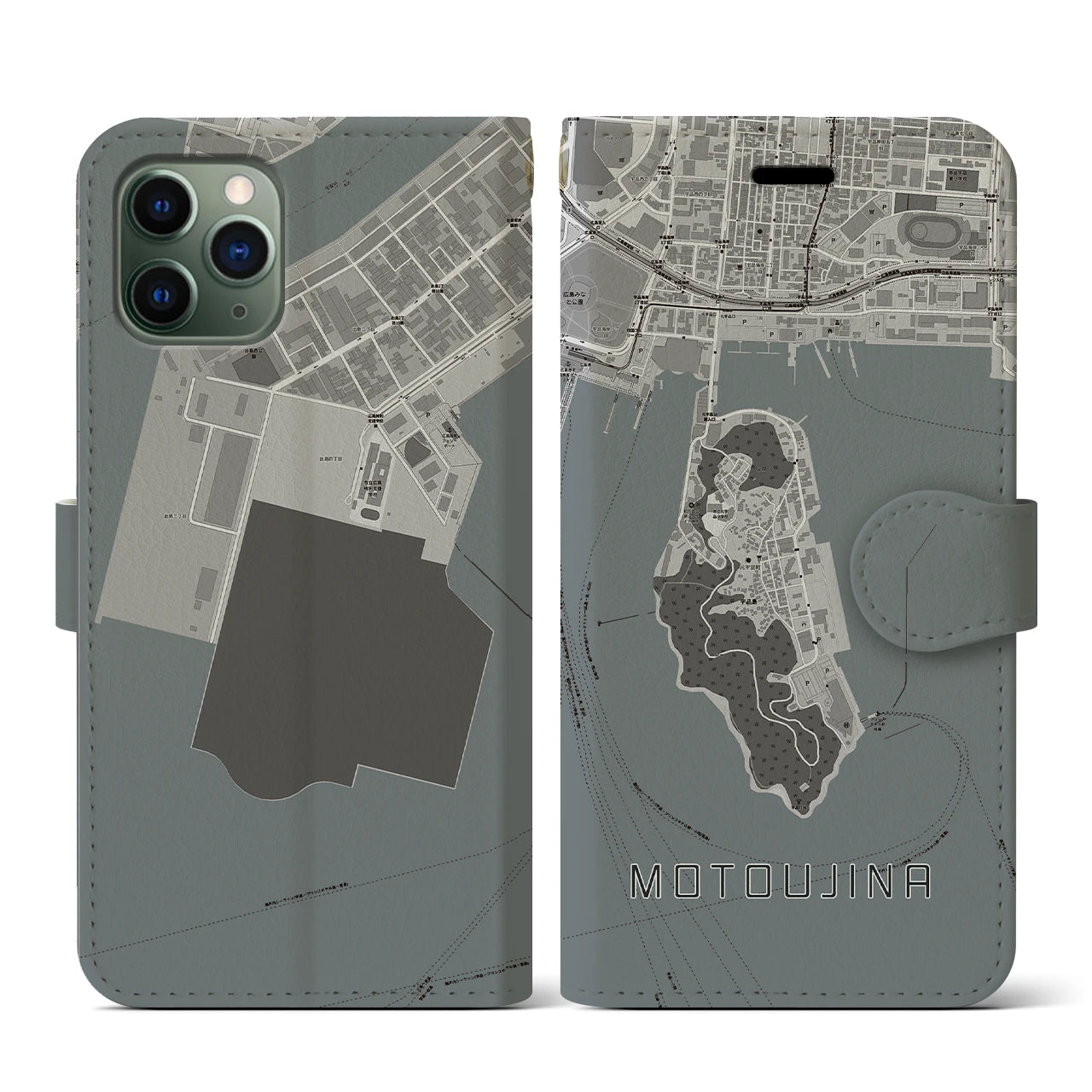 【元宇品(広島県)】地図柄iPhoneケース(手帳タイプ)モノトーン・iPhone 11 Pro 用