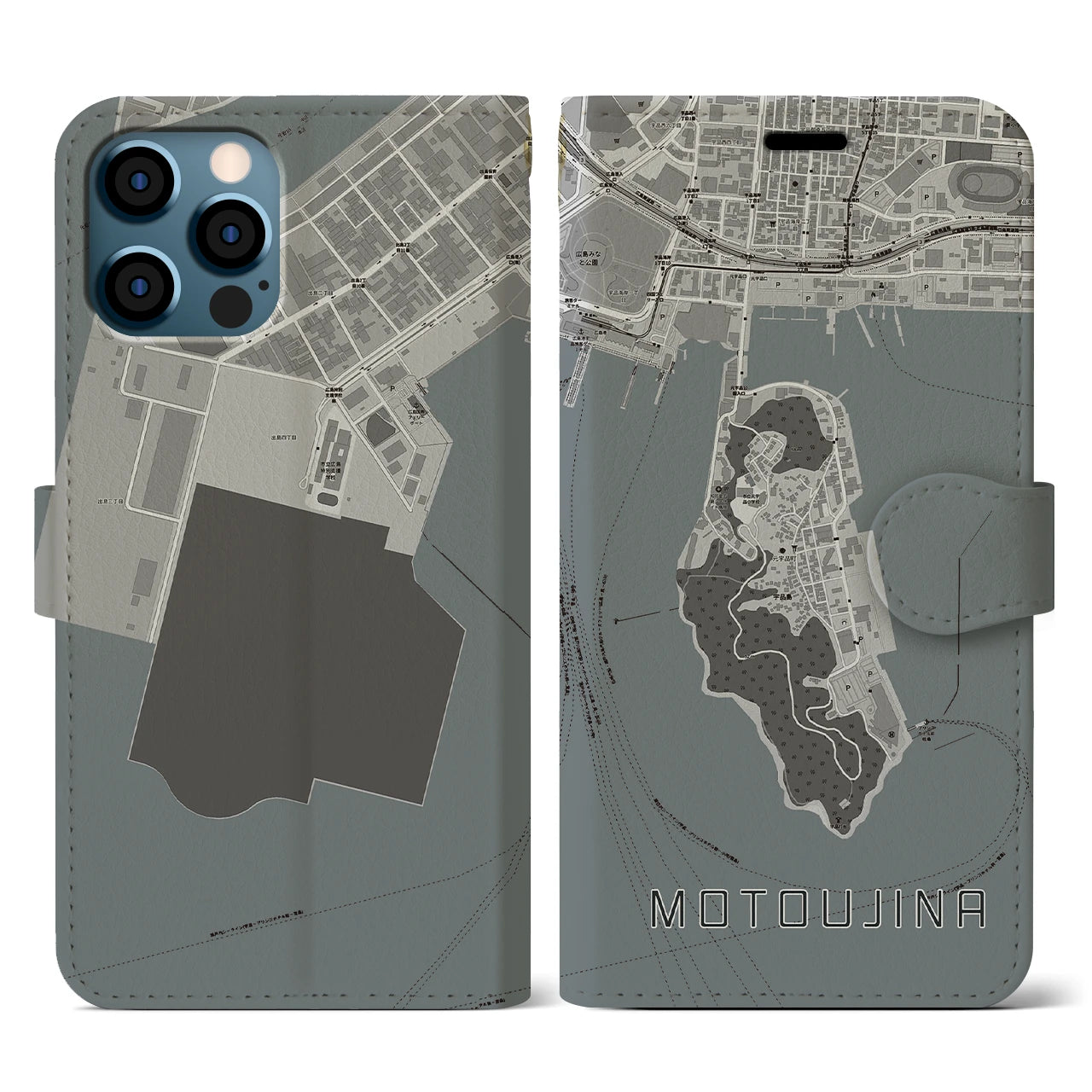 【元宇品(広島県)】地図柄iPhoneケース(手帳タイプ)モノトーン・iPhone 12 / 12 Pro 用