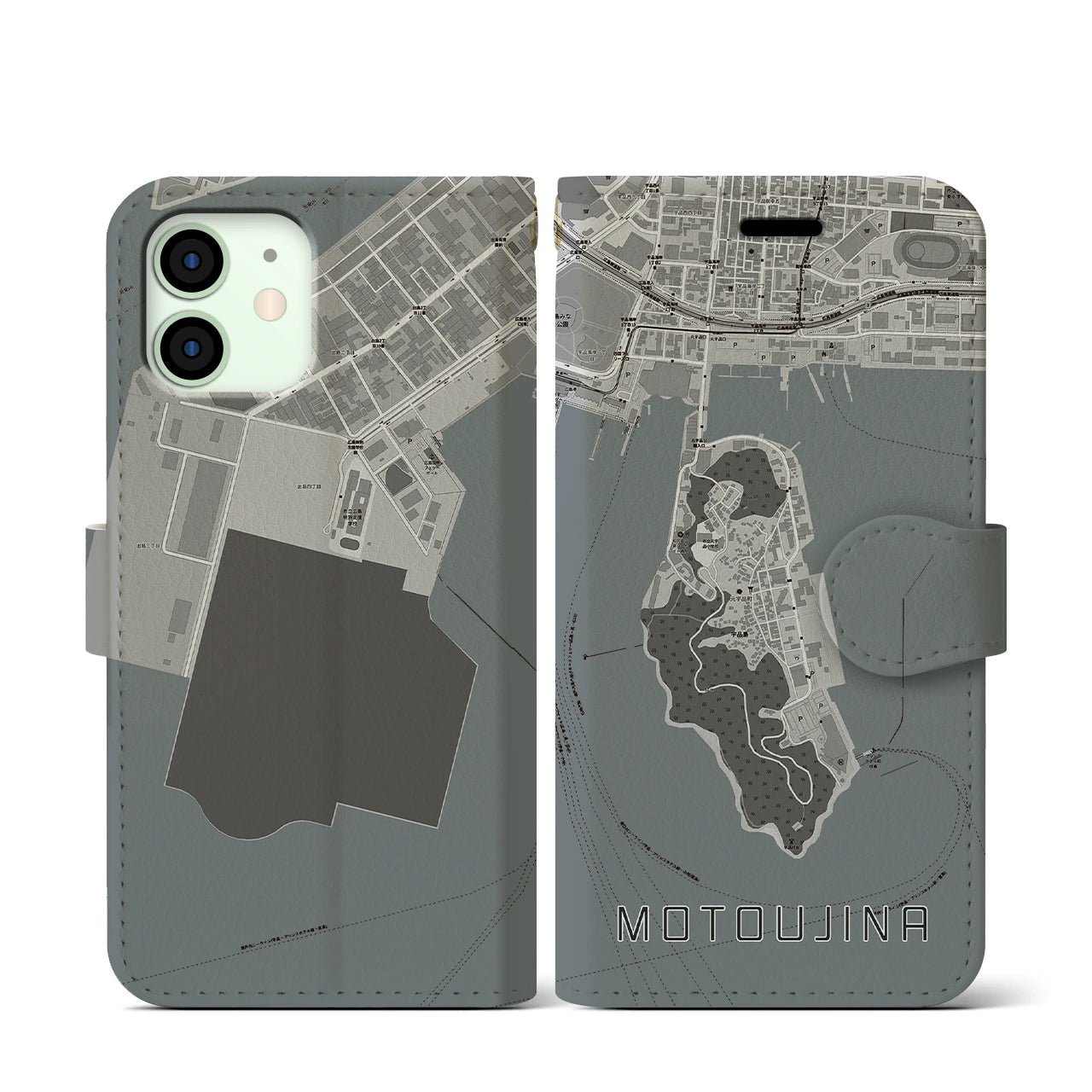 【元宇品(広島県)】地図柄iPhoneケース(手帳タイプ)モノトーン・iPhone 12 mini 用