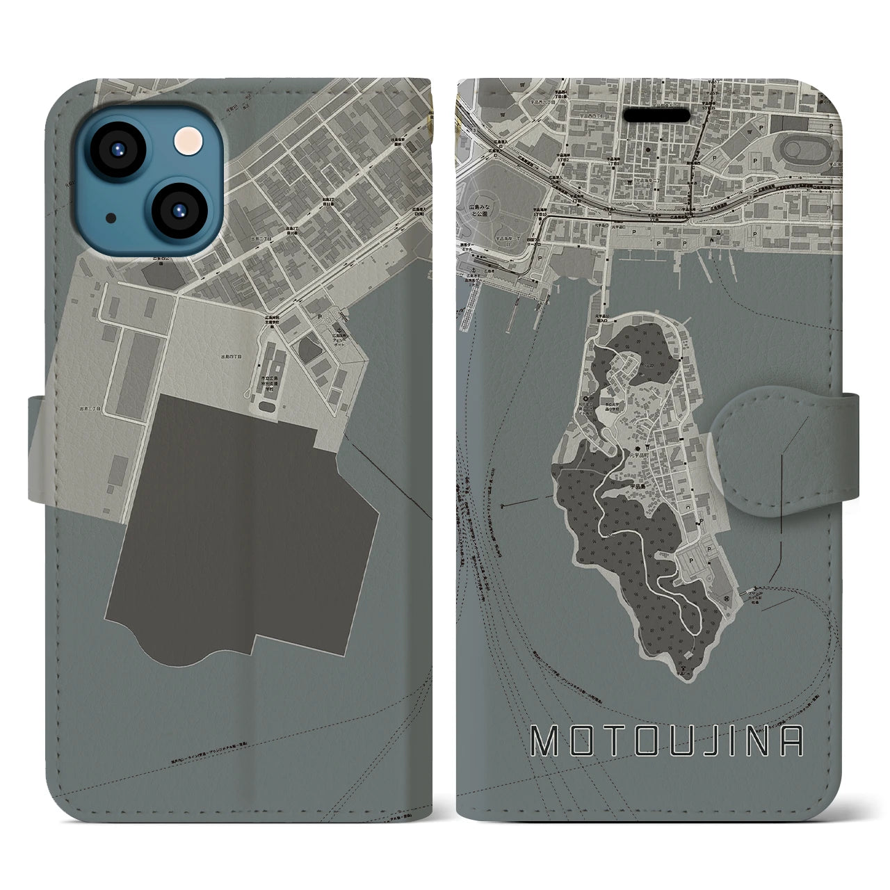 【元宇品(広島県)】地図柄iPhoneケース(手帳タイプ)モノトーン・iPhone 13 用