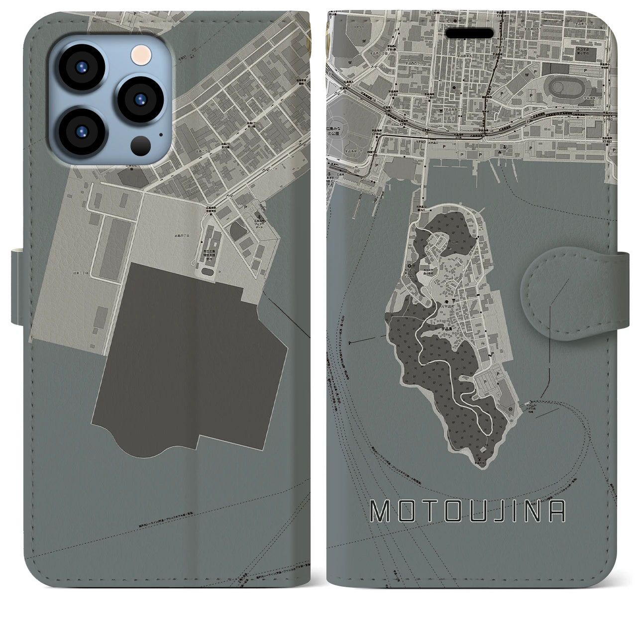 【元宇品(広島県)】地図柄iPhoneケース(手帳タイプ)モノトーン・iPhone 13 Pro Max 用