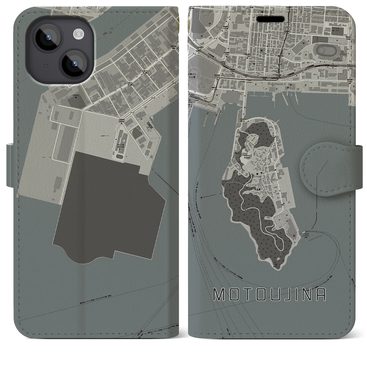 【元宇品(広島県)】地図柄iPhoneケース(手帳タイプ)モノトーン・iPhone 14 Plus 用