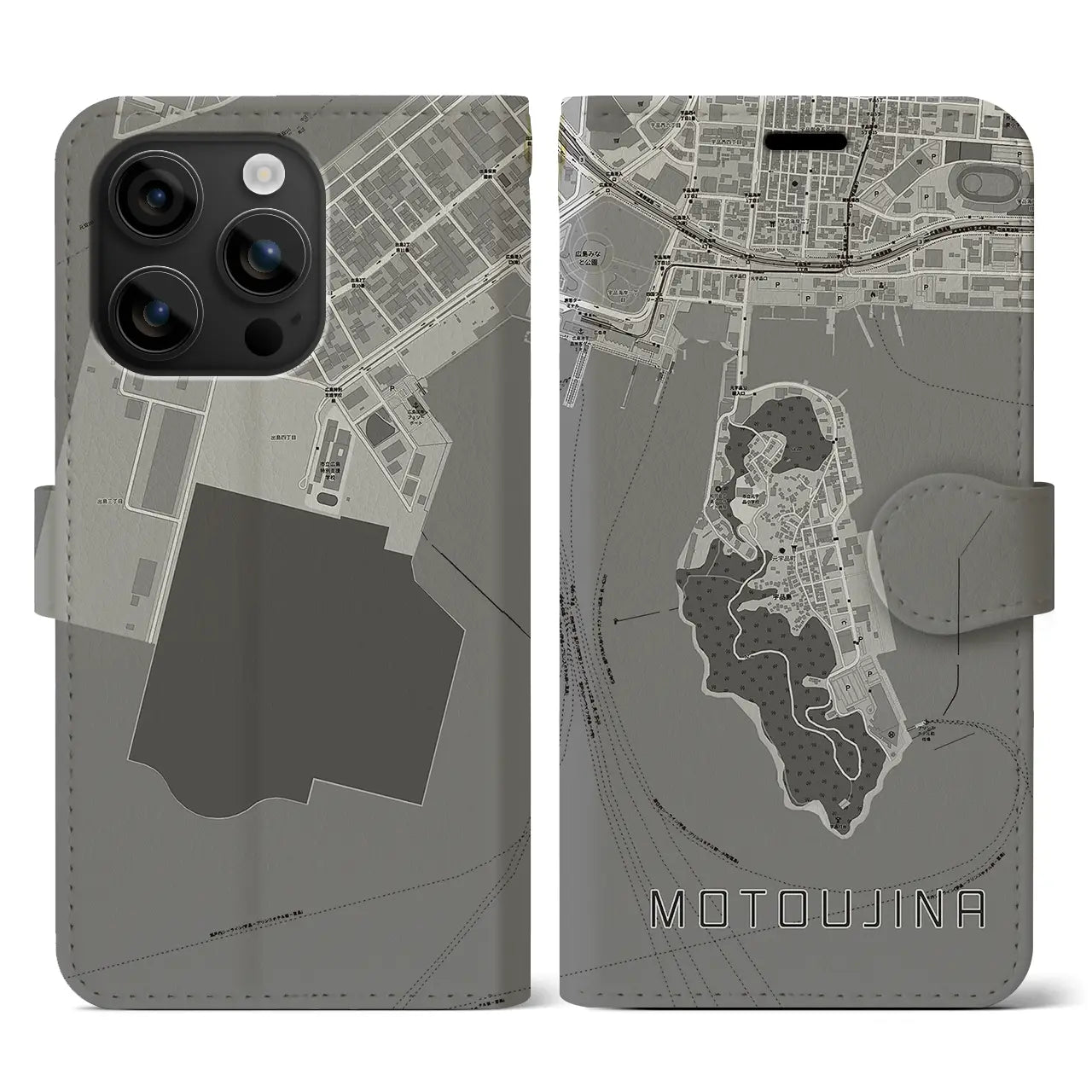 【元宇品(広島県)】地図柄iPhoneケース(手帳タイプ)モノトーン・iPhone 16 用