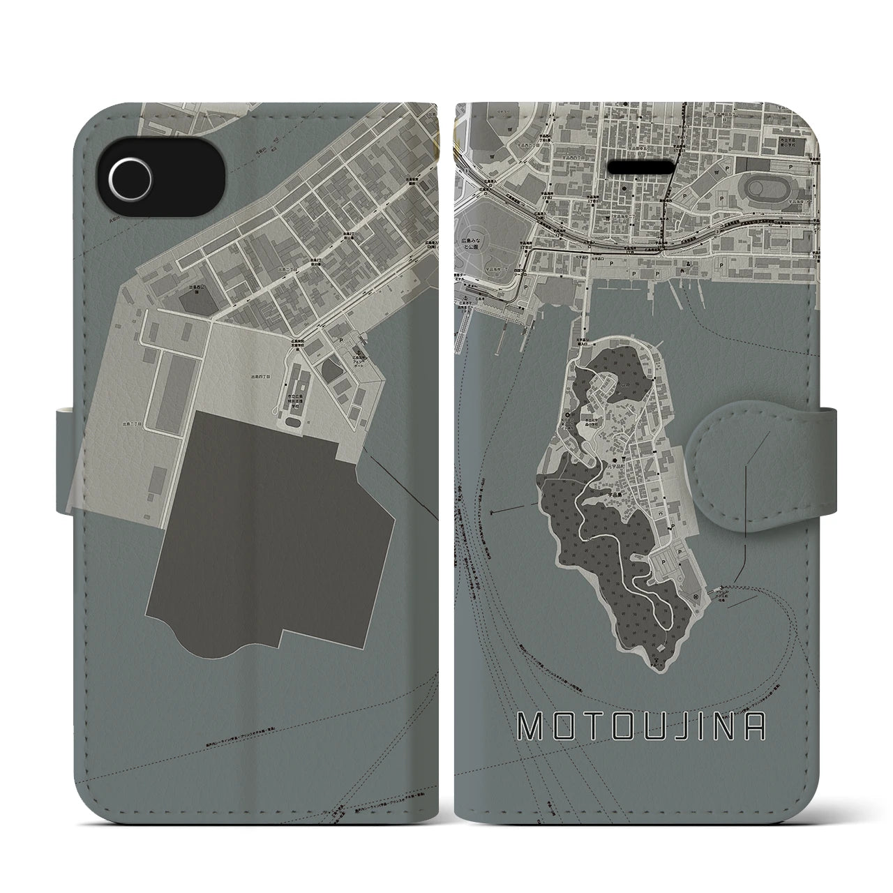 【元宇品(広島県)】地図柄iPhoneケース(手帳タイプ)モノトーン・iPhone SE(第3 / 第2世代) / 8 / 7 / 6s / 6 用