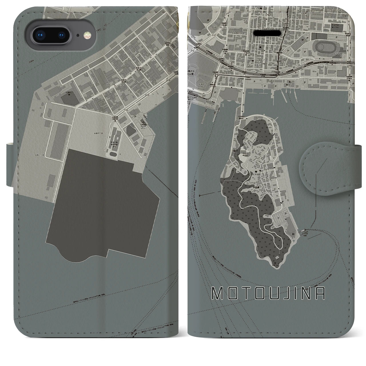 【元宇品(広島県)】地図柄iPhoneケース(手帳タイプ)モノトーン・iPhone 8Plus /7Plus / 6sPlus / 6Plus 用