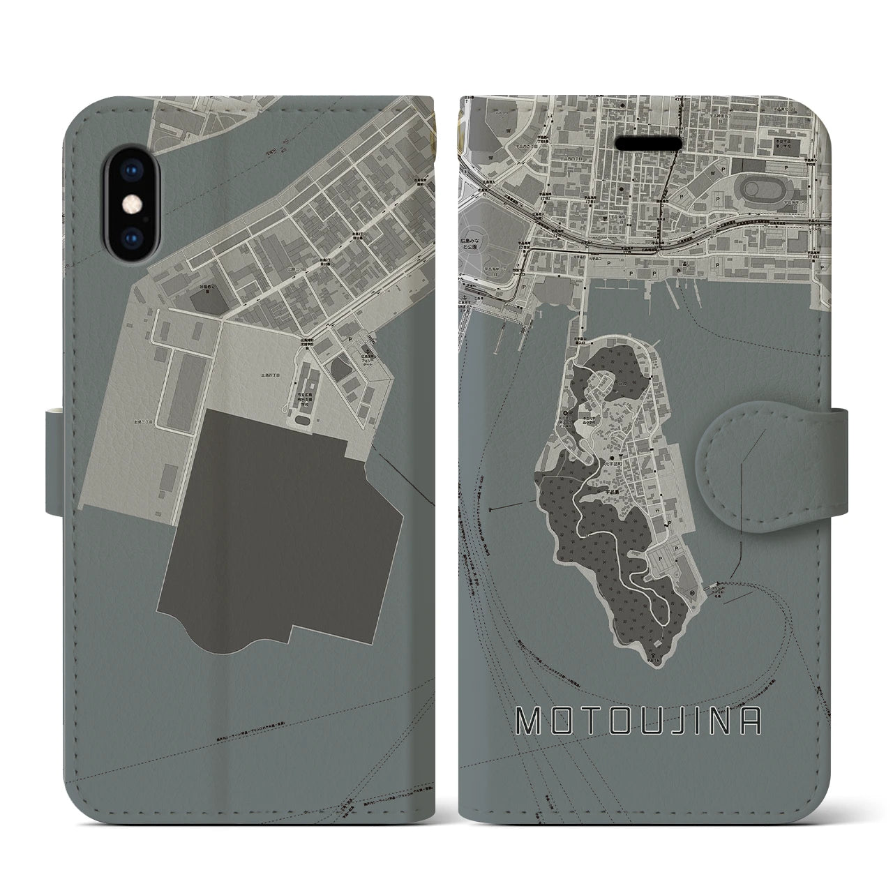 【元宇品(広島県)】地図柄iPhoneケース(手帳タイプ)モノトーン・iPhone XS / X 用