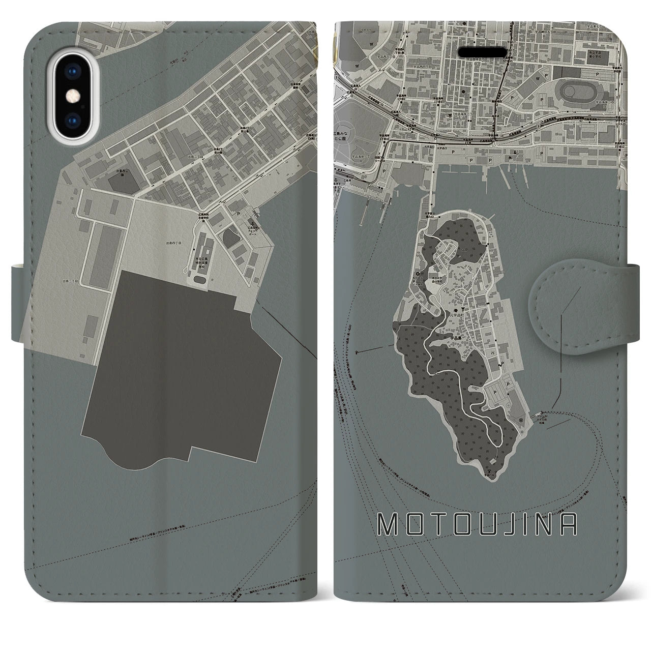 【元宇品(広島県)】地図柄iPhoneケース(手帳タイプ)モノトーン・iPhone XS Max 用
