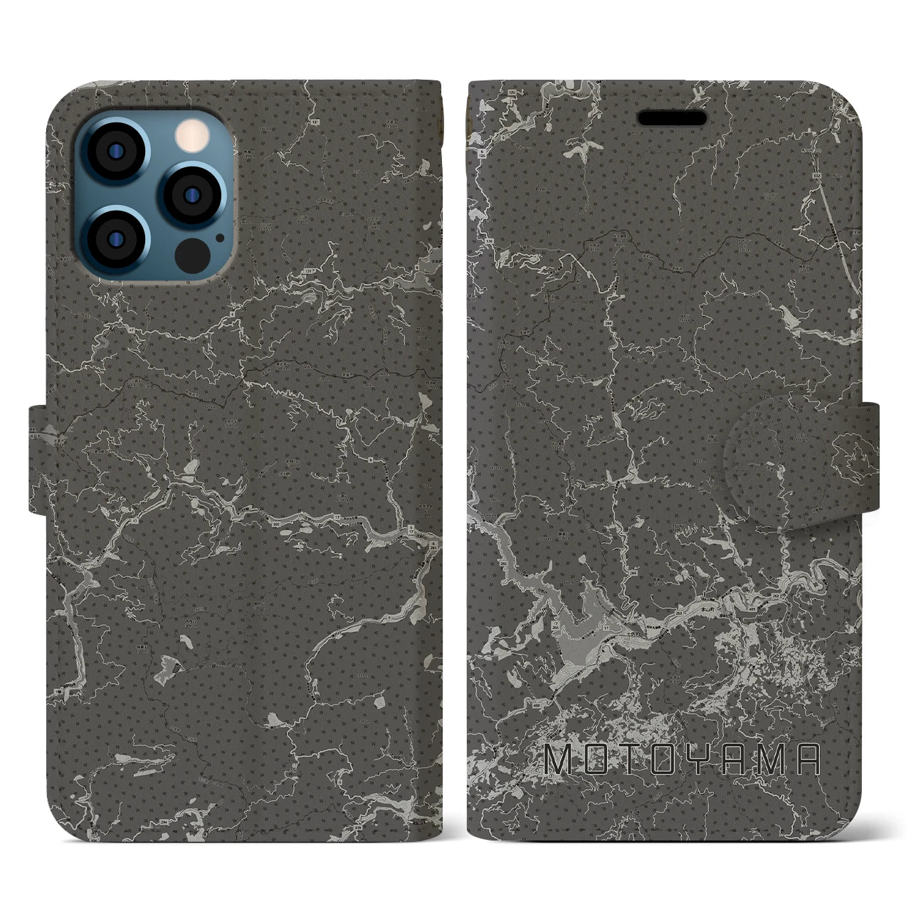 【本山(高知県)】地図柄iPhoneケース(手帳タイプ)モノトーン・iPhone 12 / 12 Pro 用