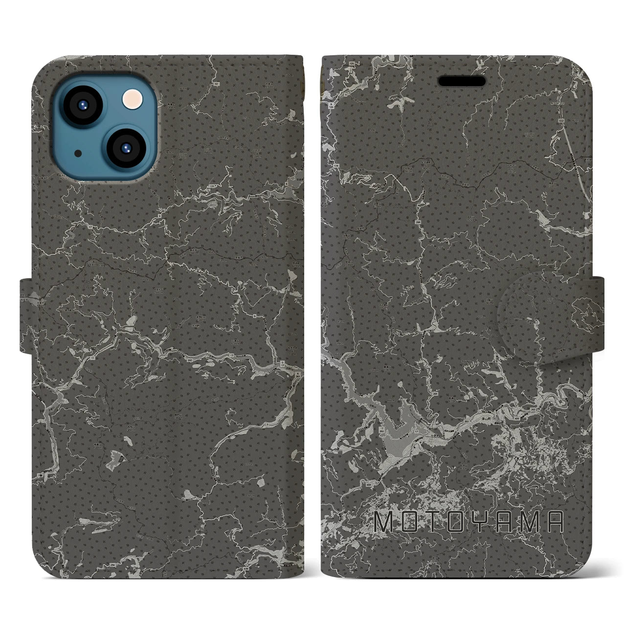 【本山(高知県)】地図柄iPhoneケース(手帳タイプ)モノトーン・iPhone 13 用