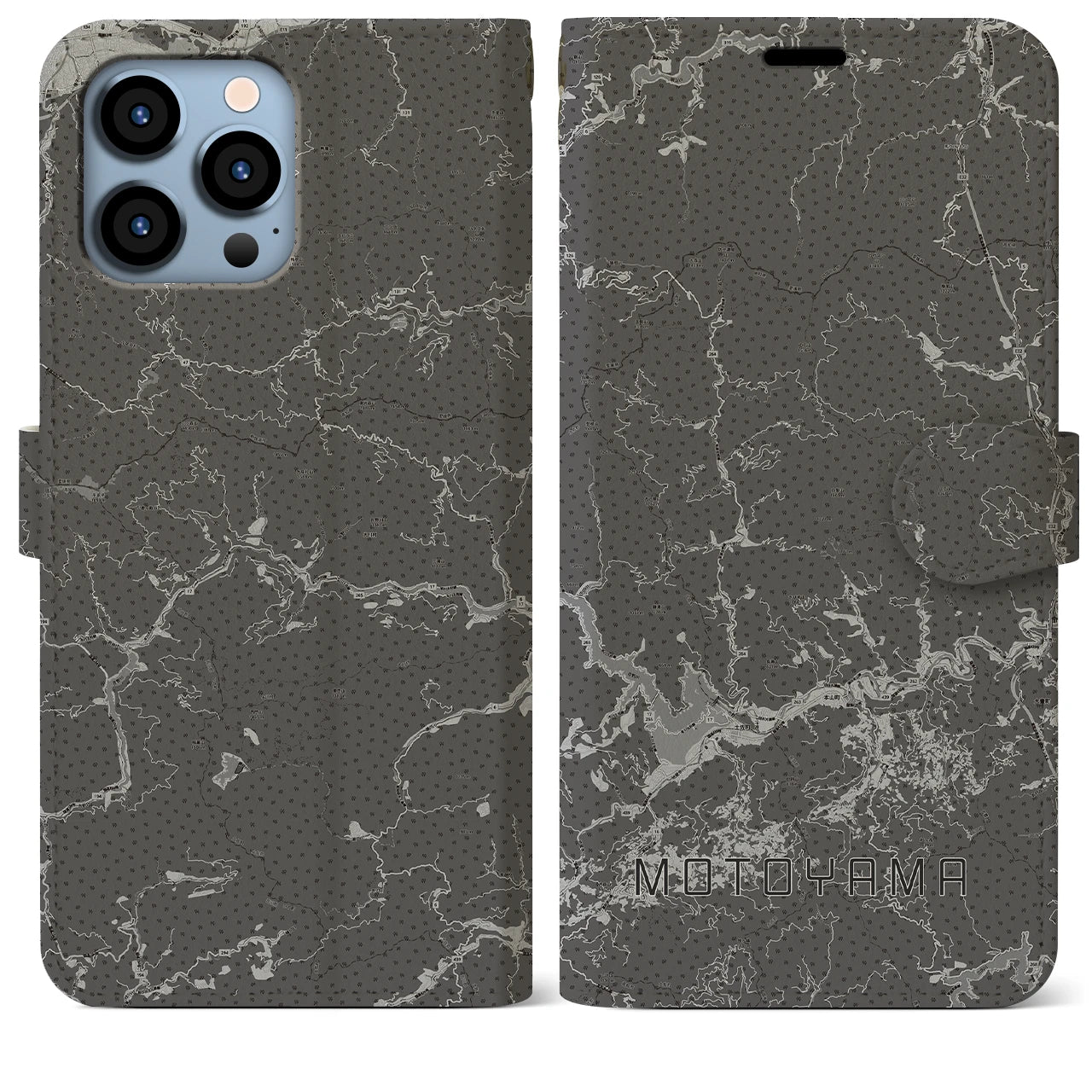 【本山(高知県)】地図柄iPhoneケース(手帳タイプ)モノトーン・iPhone 13 Pro Max 用