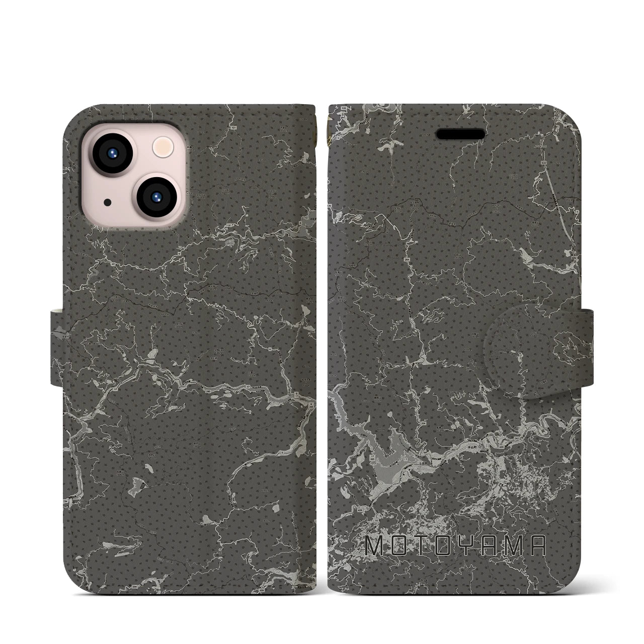 【本山(高知県)】地図柄iPhoneケース(手帳タイプ)モノトーン・iPhone 13 mini 用