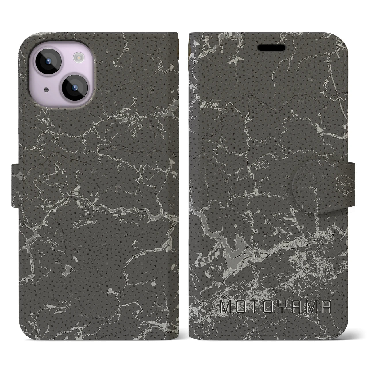 【本山(高知県)】地図柄iPhoneケース(手帳タイプ)モノトーン・iPhone 14 用
