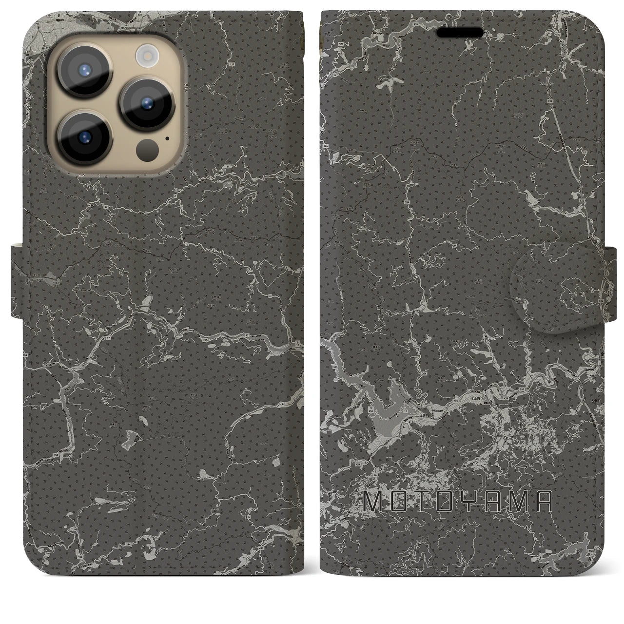 【本山(高知県)】地図柄iPhoneケース(手帳タイプ)モノトーン・iPhone 14 Pro Max 用