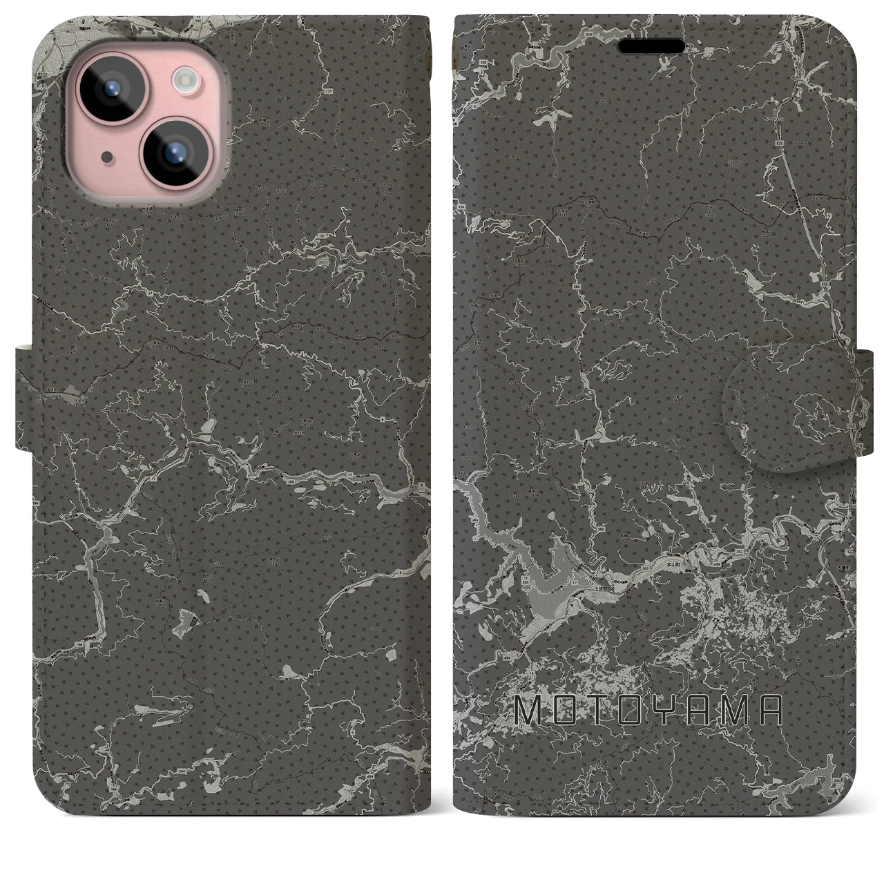 【本山(高知県)】地図柄iPhoneケース(手帳タイプ)モノトーン・iPhone 15 Plus 用