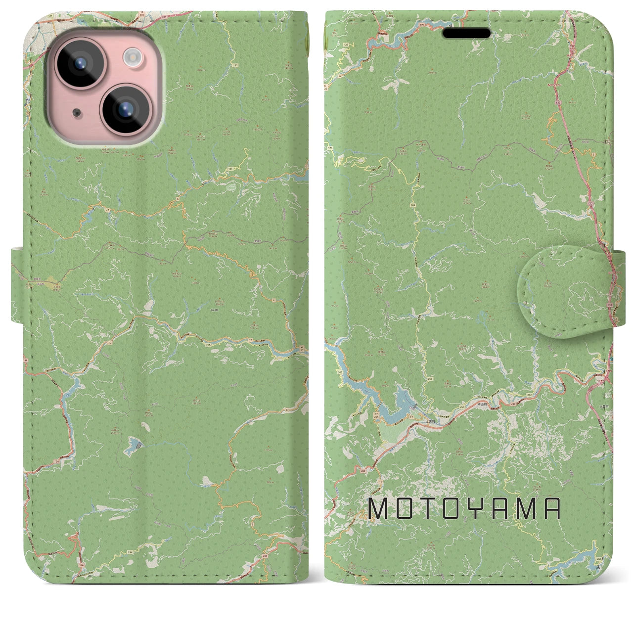 【本山(高知県)】地図柄iPhoneケース(手帳タイプ)ナチュラル・iPhone 15 Plus 用