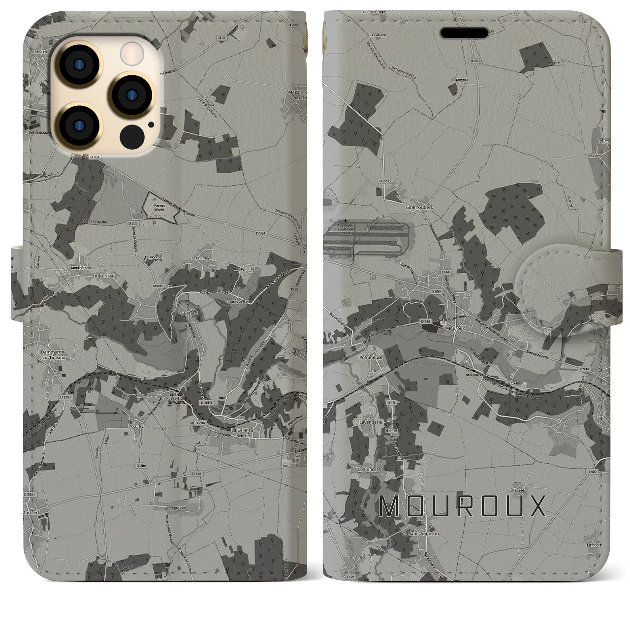 【ムルー(フランス)】地図柄iPhoneケース(手帳タイプ)モノトーン・iPhone 12 Pro Max 用