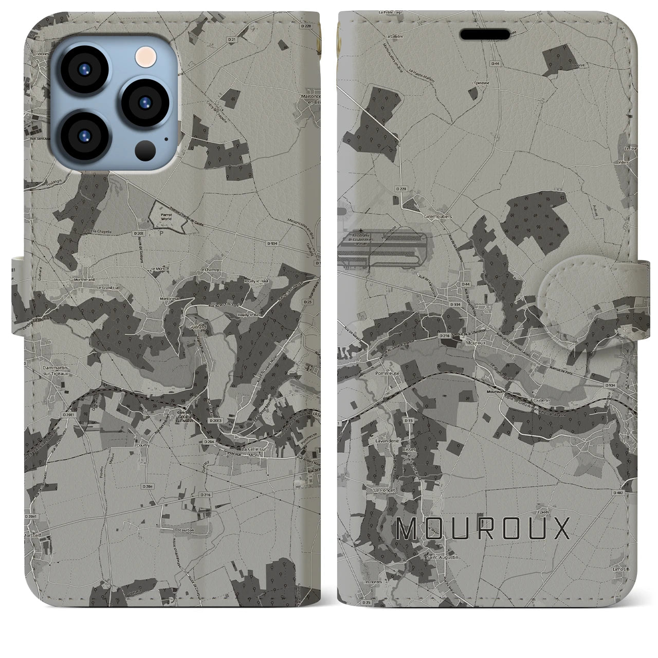 【ムルー(フランス)】地図柄iPhoneケース(手帳タイプ)モノトーン・iPhone 13 Pro Max 用