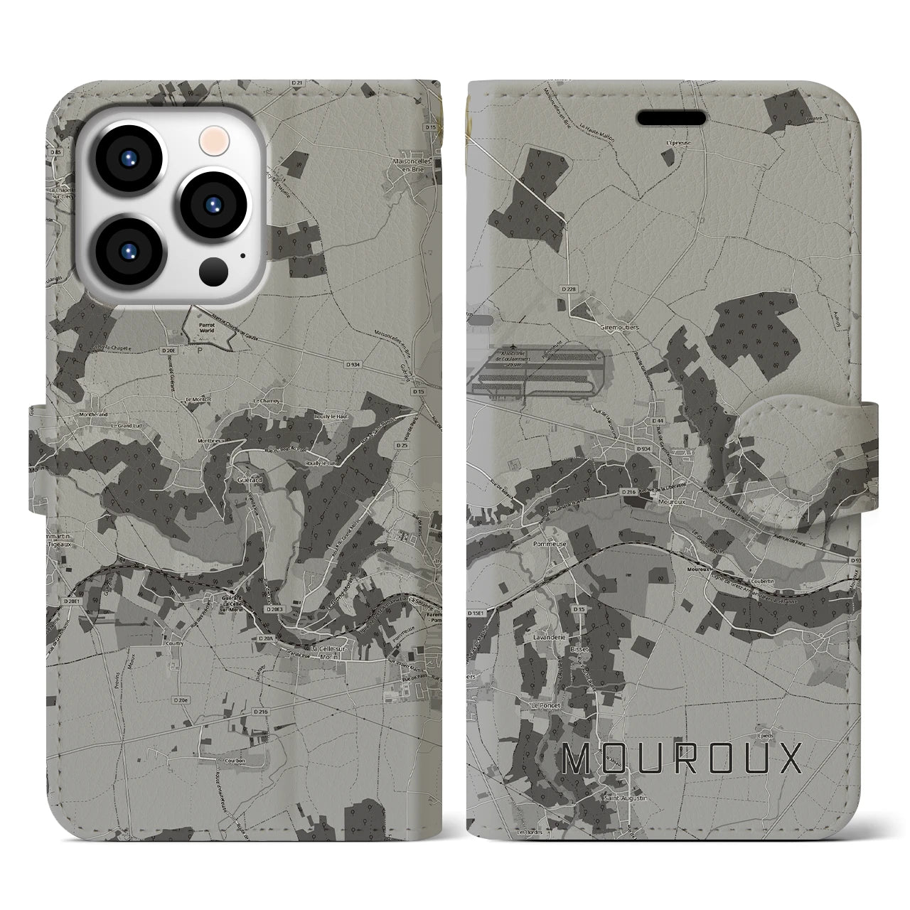 【ムルー(フランス)】地図柄iPhoneケース(手帳タイプ)モノトーン・iPhone 13 Pro 用