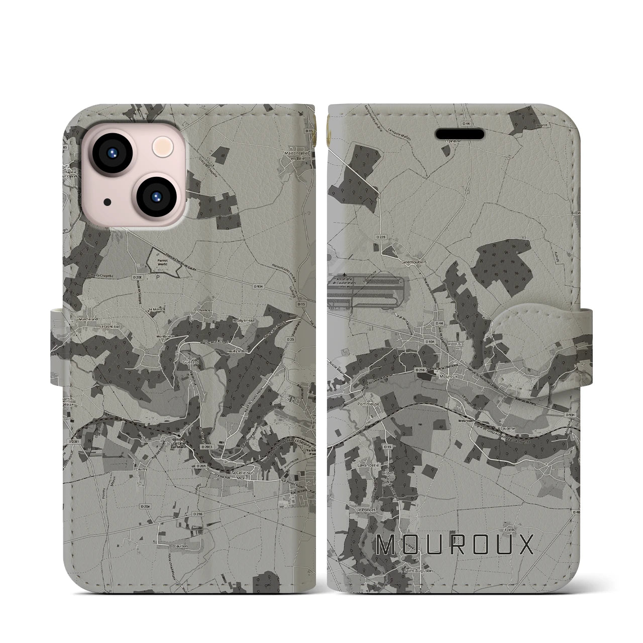 【ムルー(フランス)】地図柄iPhoneケース(手帳タイプ)モノトーン・iPhone 13 mini 用