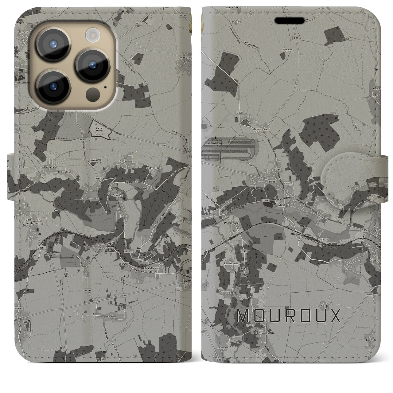 【ムルー(フランス)】地図柄iPhoneケース(手帳タイプ)モノトーン・iPhone 14 Pro Max 用