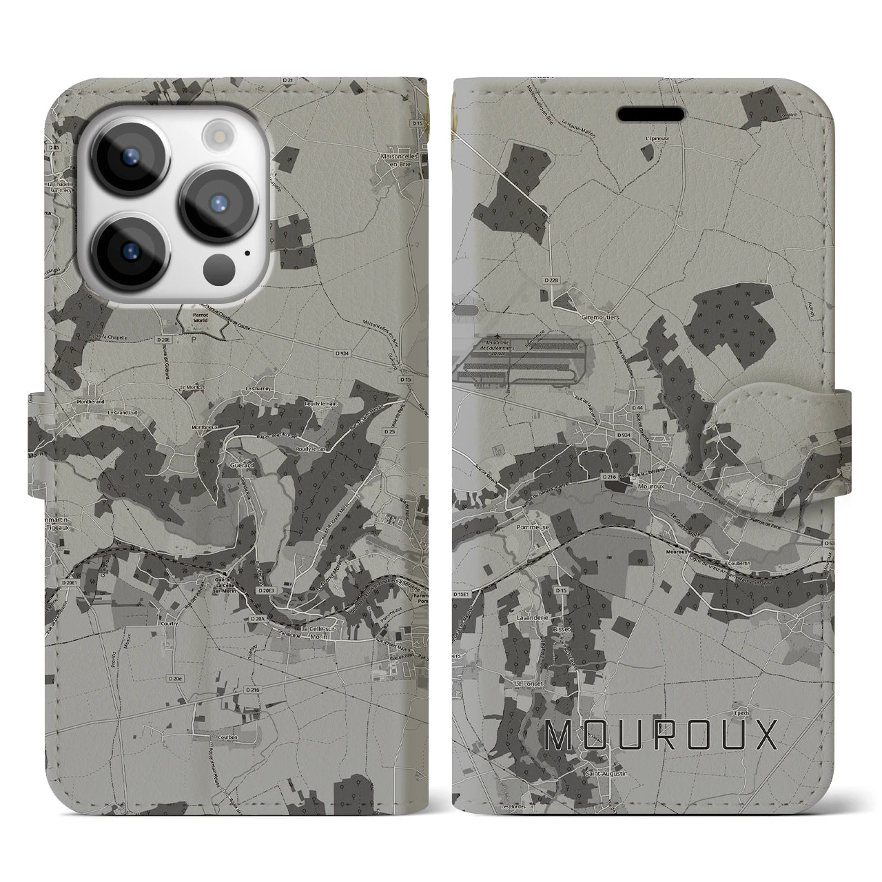 【ムルー(フランス)】地図柄iPhoneケース(手帳タイプ)モノトーン・iPhone 14 Pro 用