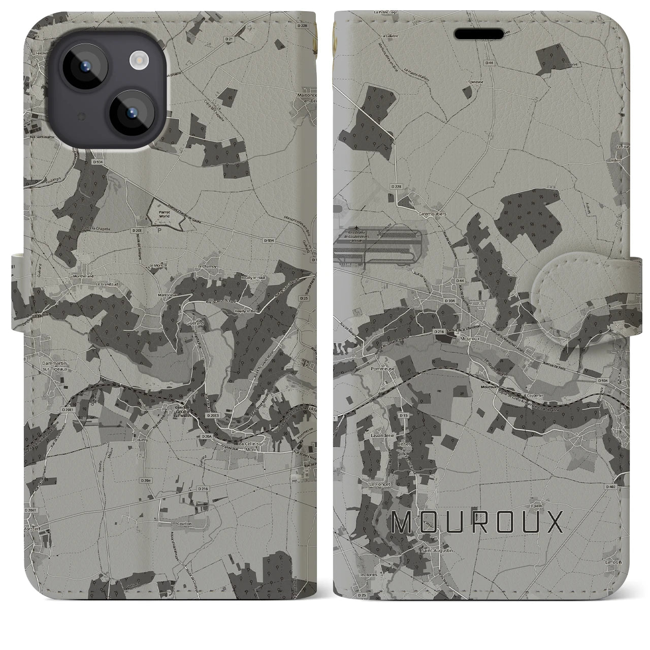 【ムルー(フランス)】地図柄iPhoneケース(手帳タイプ)モノトーン・iPhone 14 Plus 用