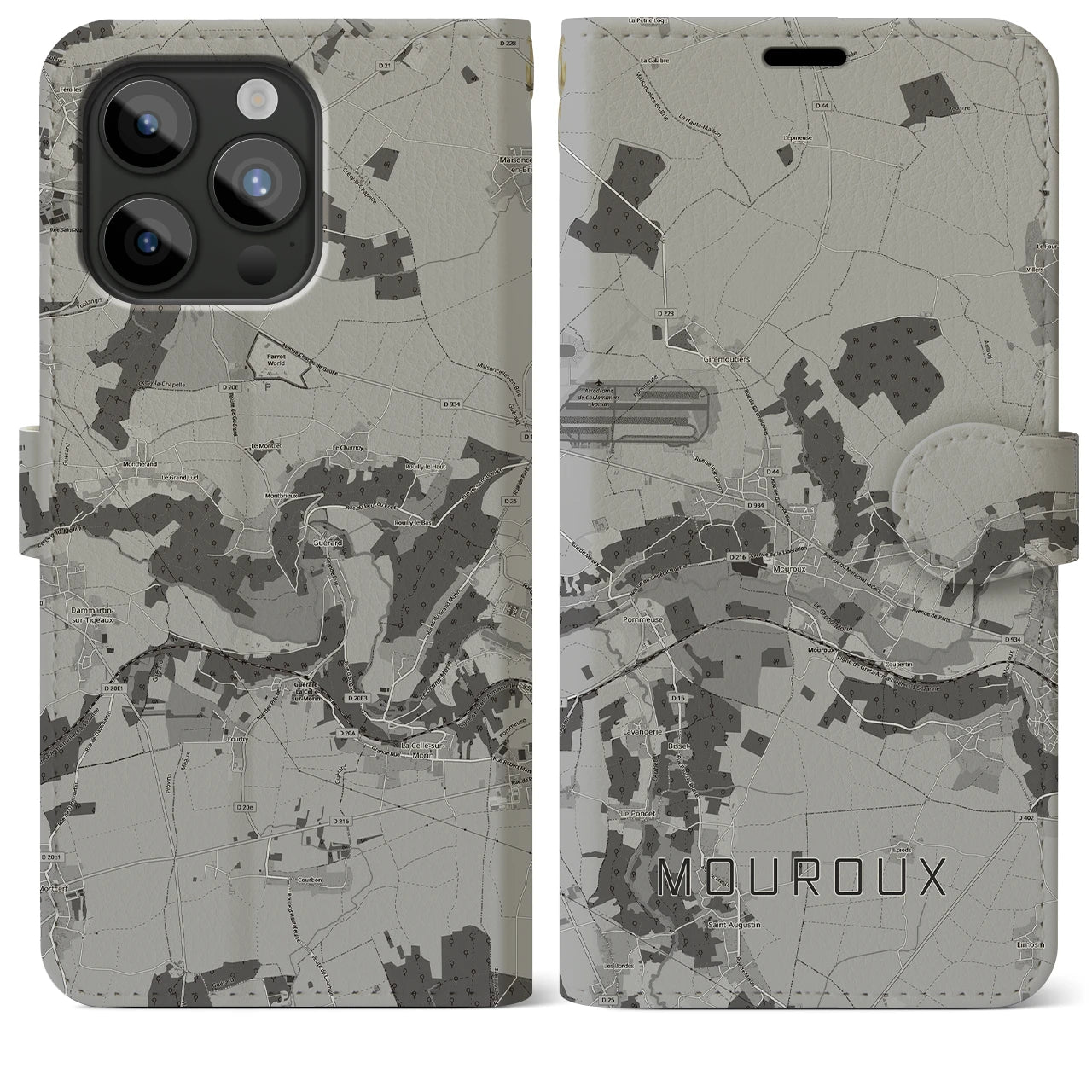 【ムルー(フランス)】地図柄iPhoneケース(手帳タイプ)モノトーン・iPhone 15 Pro Max 用