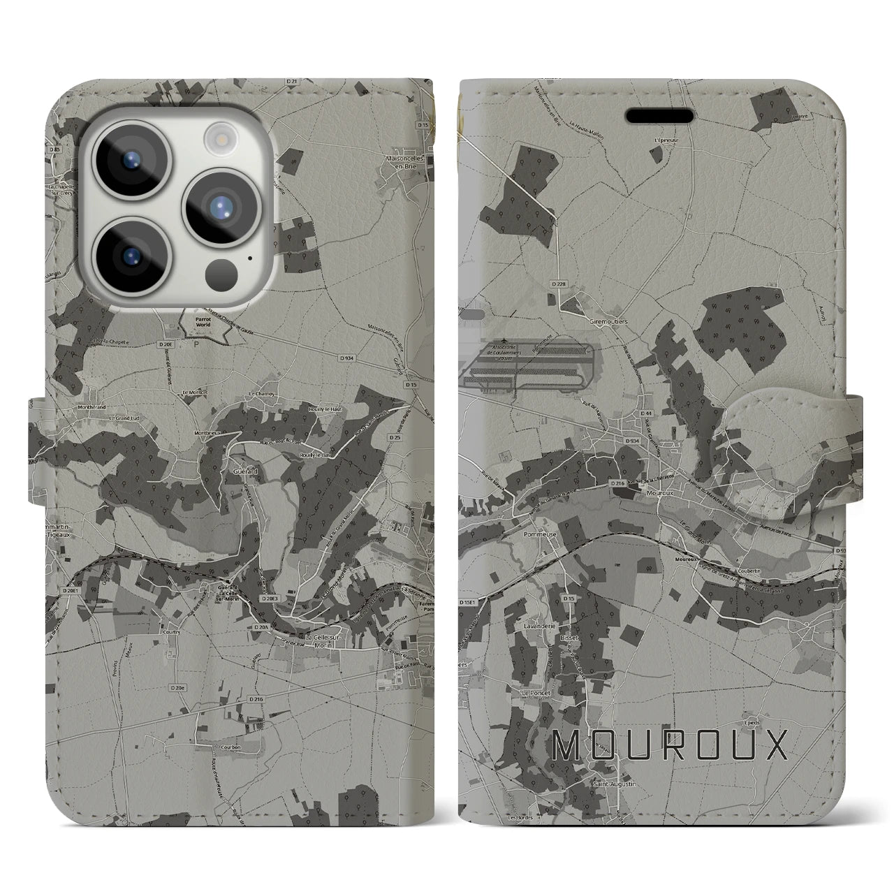 【ムルー(フランス)】地図柄iPhoneケース(手帳タイプ)モノトーン・iPhone 15 Pro 用