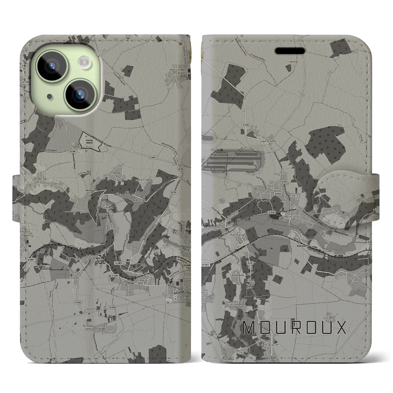 【ムルー(フランス)】地図柄iPhoneケース(手帳タイプ)モノトーン・iPhone 15 用