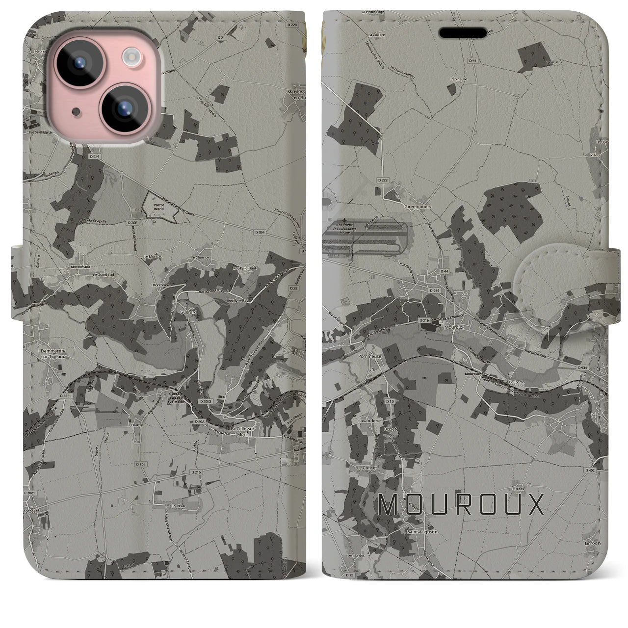 【ムルー(フランス)】地図柄iPhoneケース(手帳タイプ)モノトーン・iPhone 15 Plus 用