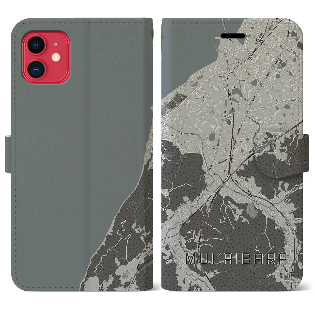 【向井原(愛媛県)】地図柄iPhoneケース(手帳タイプ)モノトーン・iPhone 11 用