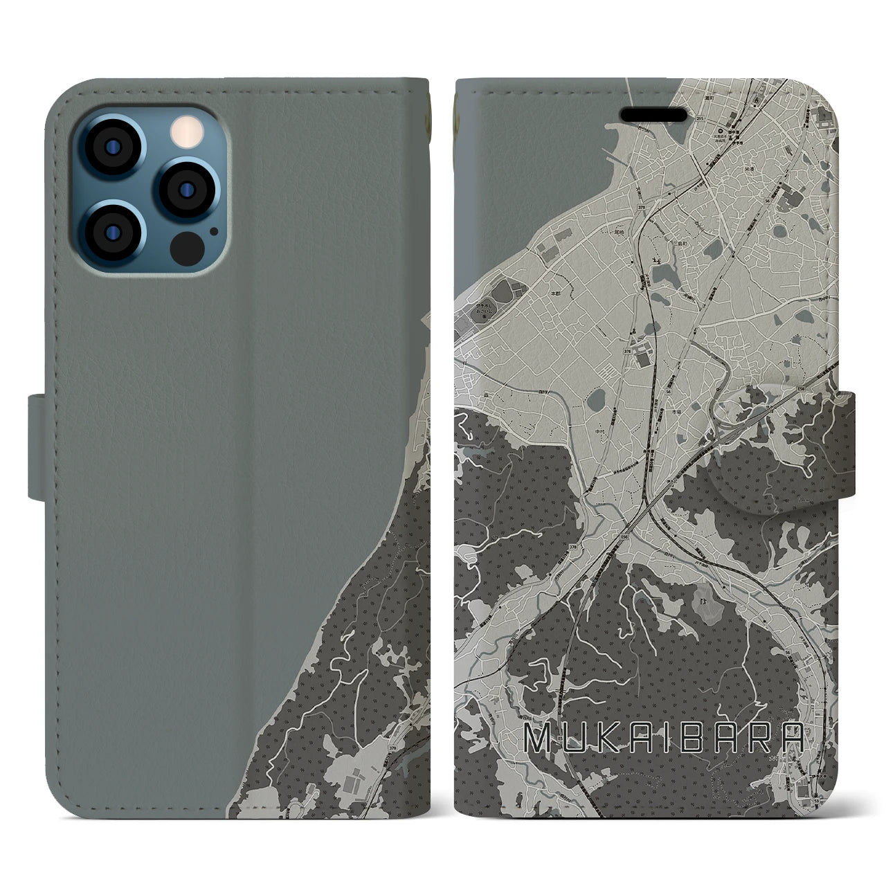 【向井原(愛媛県)】地図柄iPhoneケース(手帳タイプ)モノトーン・iPhone 12 / 12 Pro 用